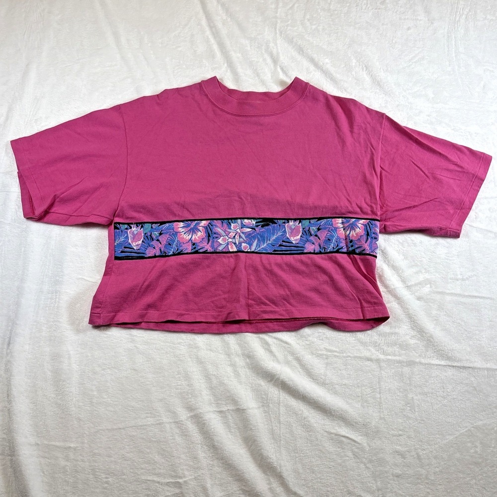 VTG Catchin Rays Resort Wear Pink Hawaiian Flower Crop Top T Shirt One Size 80s